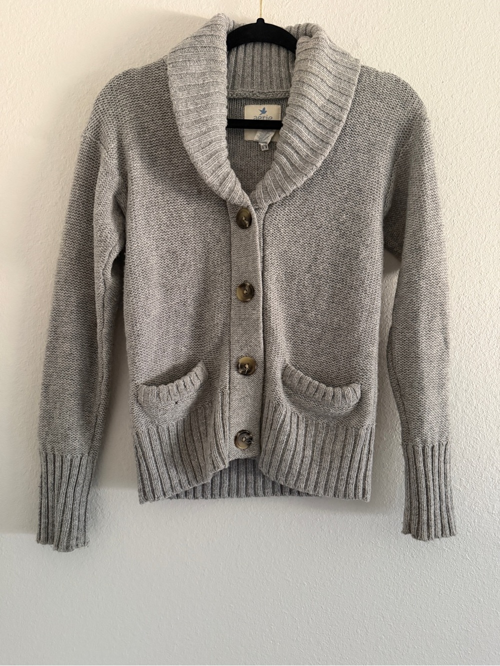 Aerie Gray Knit Button Front Shawl Collar Cardigan Sweater Y2K